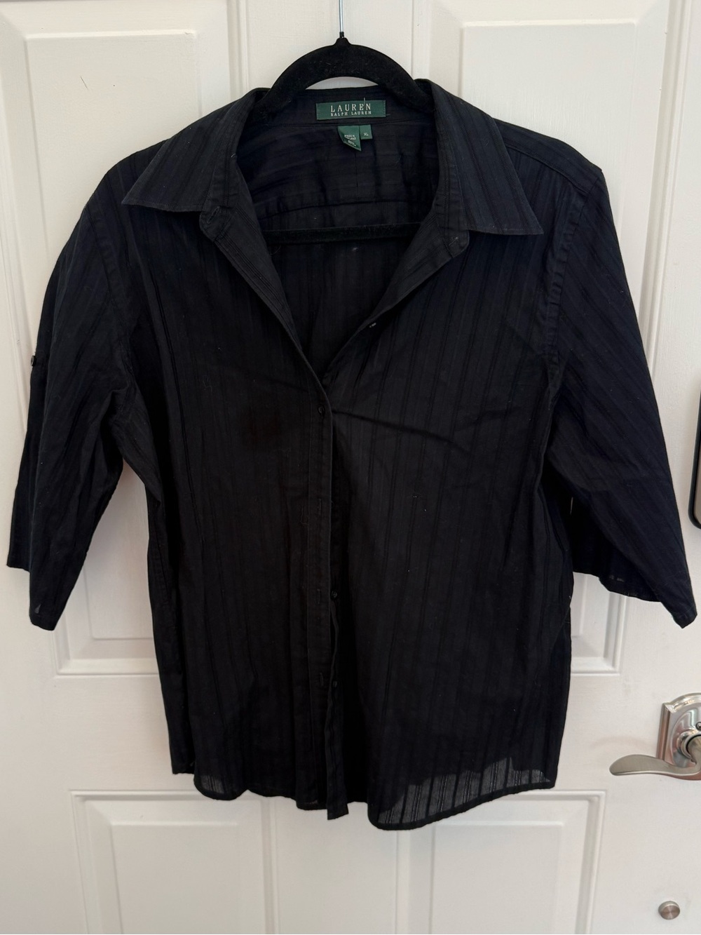 Lauren Ralph Lauren Button Down Blouse Black 100% Cotton Button Short Sleeve